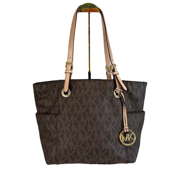 Michael Kors MK Jet Set Saffiano Tote Shoulder Bag Signature Leather Purse Brown - Picture 1 of 14